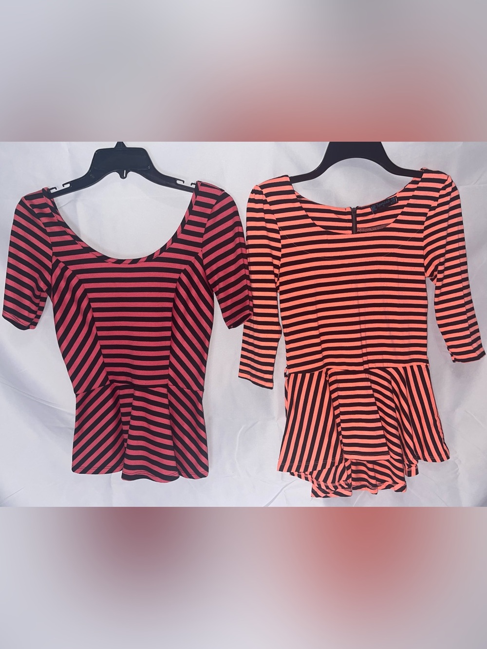 Striped Peplum Top Duo - Black with Coral & Black with Fuchsia
